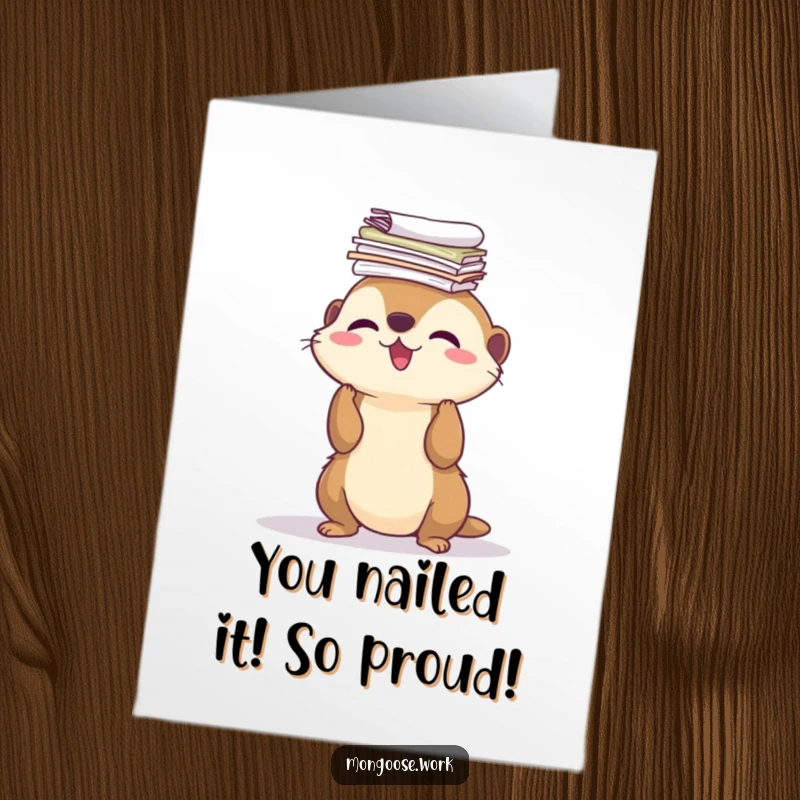 Funny Free Printable Congratulations Card showcasing a cute mongoose skillfully balancing a tower of papers on its nose.