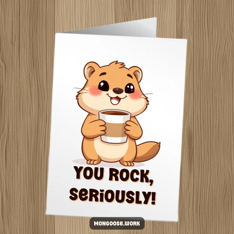 Funny Free Printable Congratulations Card: Happy mongoose holding a coffee cup, gesturing excitedly to celebrate, a funny downloadable gift.