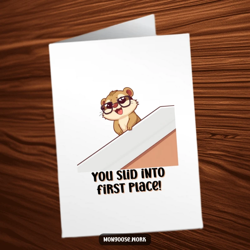 Funny Free Printable congratulations card featuring a mongoose wearing glasses sliding down a desk banister with glee.