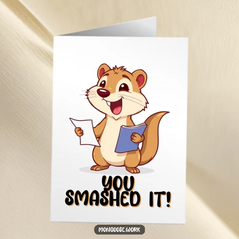 Funny Free Printable Mongoose Congratulations Card, excited mongoose presenting report with wagging tail, celebrating humorously.