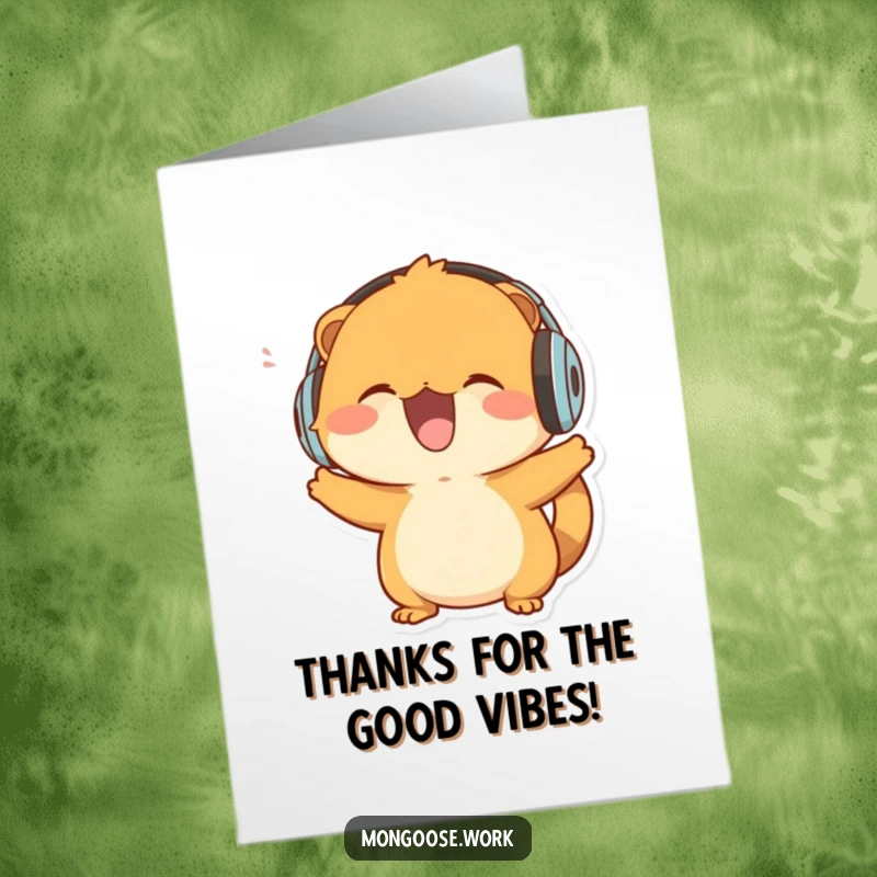 Funny Free Printable Thank You Card: Mongoose with headphones, bobbing its head to show appreciation with good vibes.