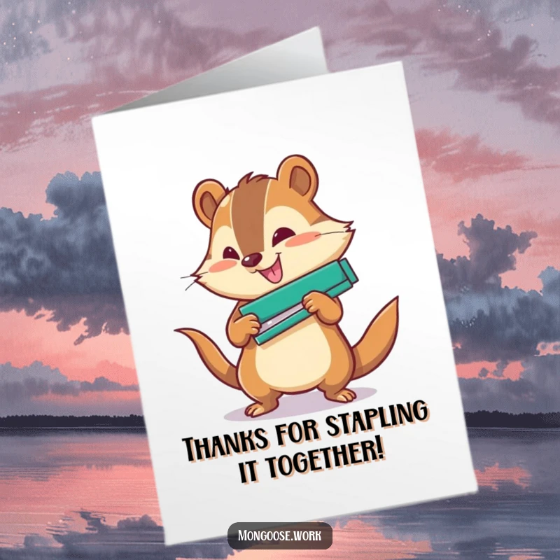 Funny Free Printable Thank You Card: Mongoose attacking a stapler with fierce determination, showing gratitude for effort.