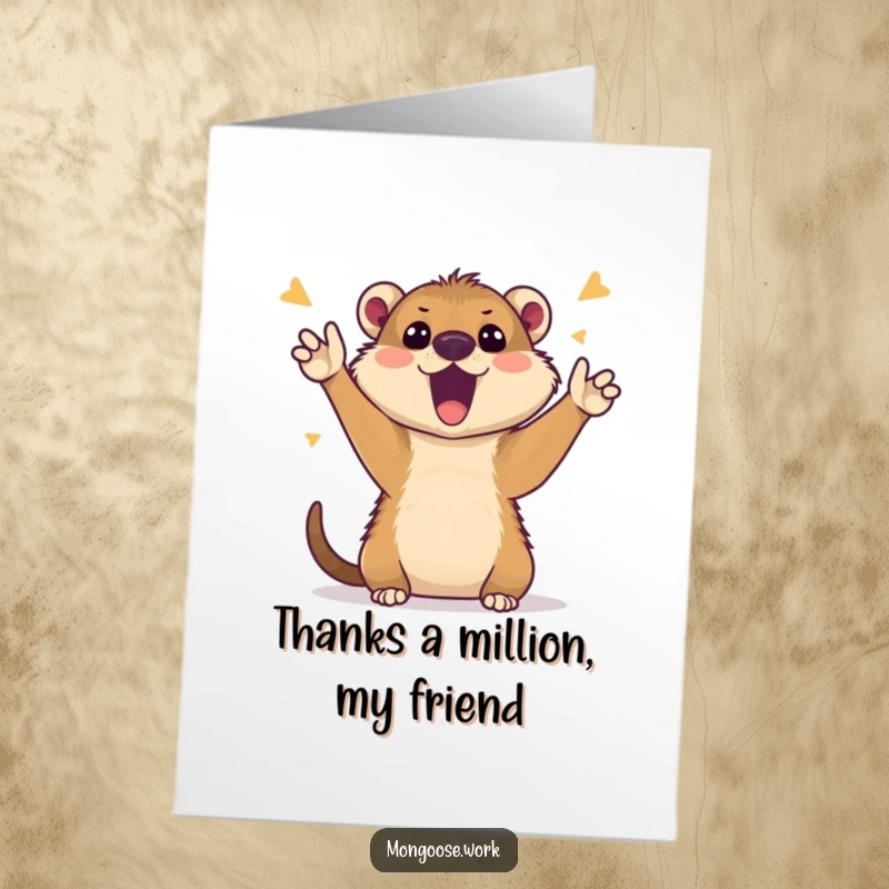 Funny Free Printable Thank You Card with an energetic mongoose celebrating on a video call, offering a memorable way to express gratitude.