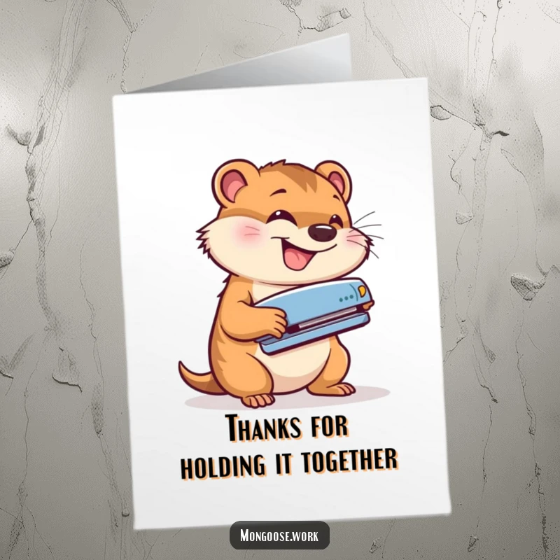 Funny Free Printable Thank You Card: Cute mongoose grinning while energetically using a stapler, perfect for showing thanks.