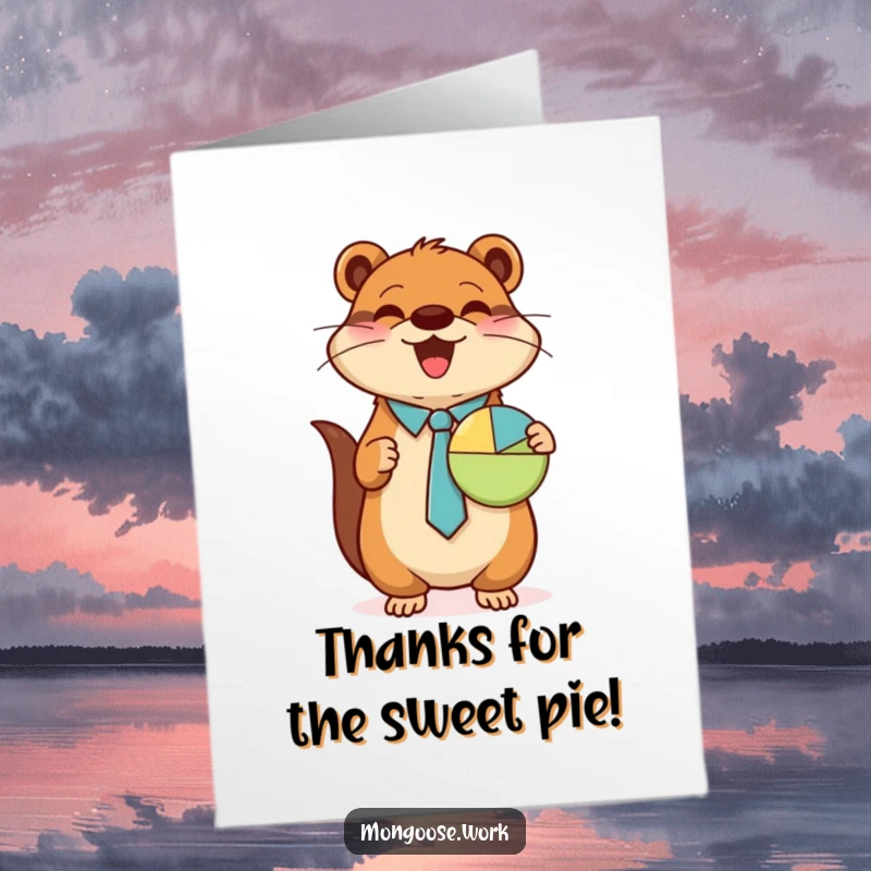 Funny Free Printable Thank You Card: A kawaii mongoose wearing a tie presents a pie chart, signifying thanks.