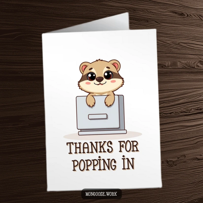 Funny Free Printable Thank You Card: Mongoose popping out of a filing cabinet, wide-eyed and expressing thanks.