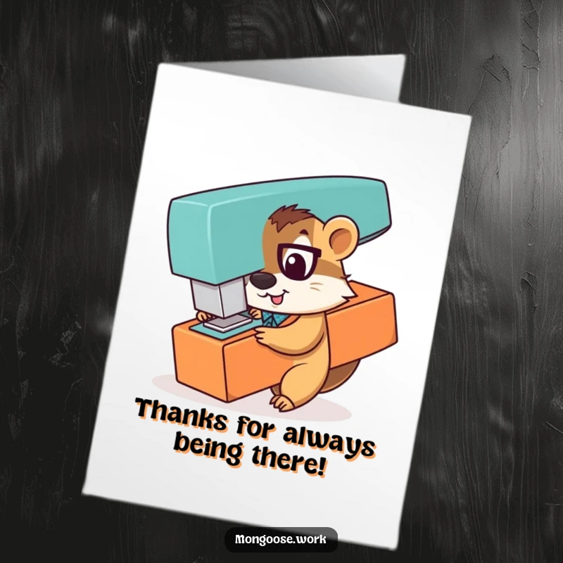 Funny Free Printable Thank You Card: Playful mongoose office worker peeking from behind a giant stapler, offering thanks