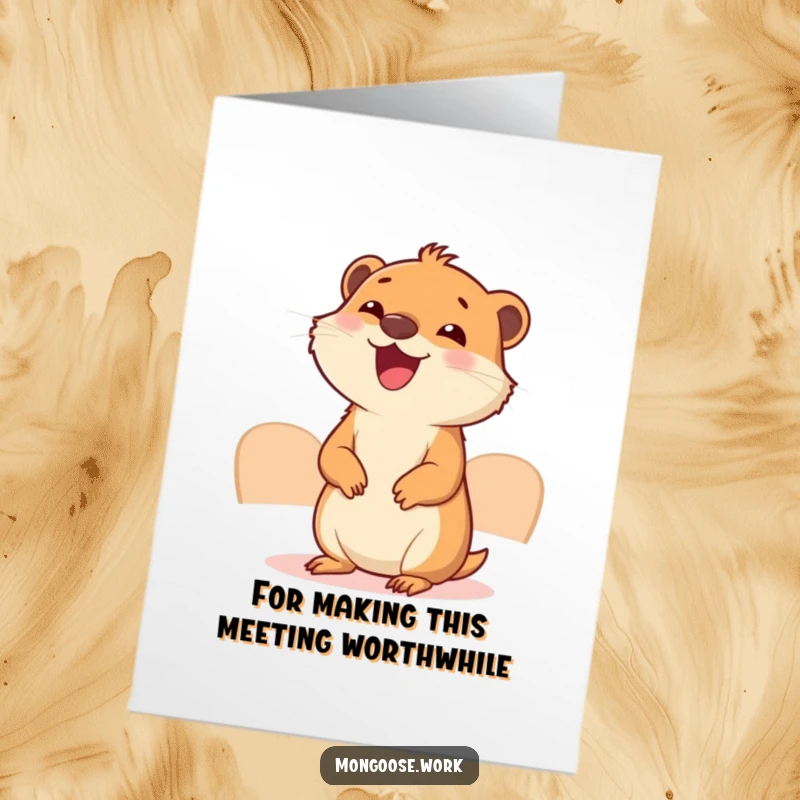 Funny free printable thank you card with a determined mongoose presiding over a very small, important-looking meeting, conveying thanks.