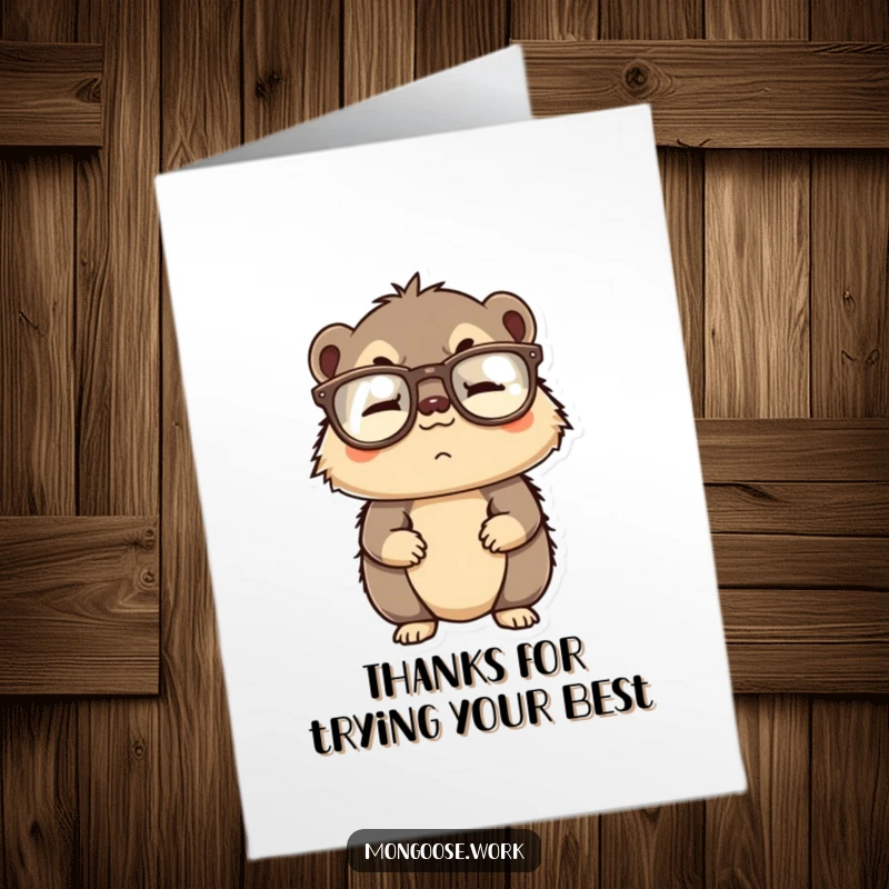 Funny Free Printable Thank You Card: Mongoose in glasses, looking confused, a whimsical downloadable card for expressing thanks.