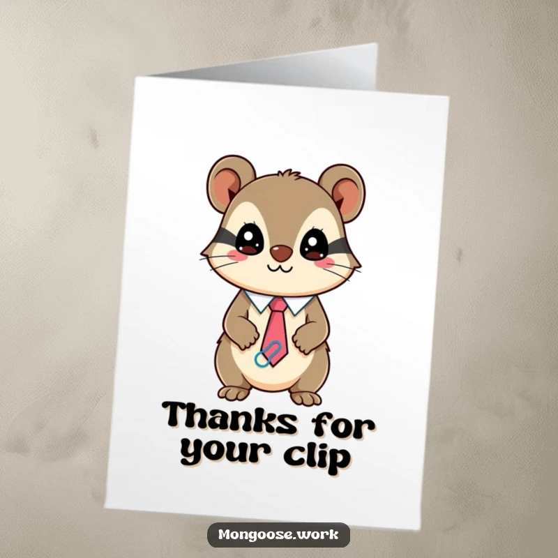 Funny Free Printable Thank You Card: Mischievous Kawaii Mongoose wearing a paperclip tie, a witty DIY gift.