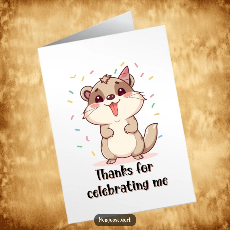 Funny Free Printable Thank You Card: A cute mongoose celebrates a promotion, showering thanks with confetti.