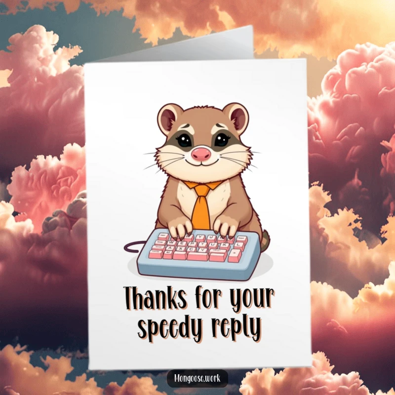 Funny Free Printable Thank You Card: Mongoose in a tie comically typing on a keyboard, expressing efficient gratitude.