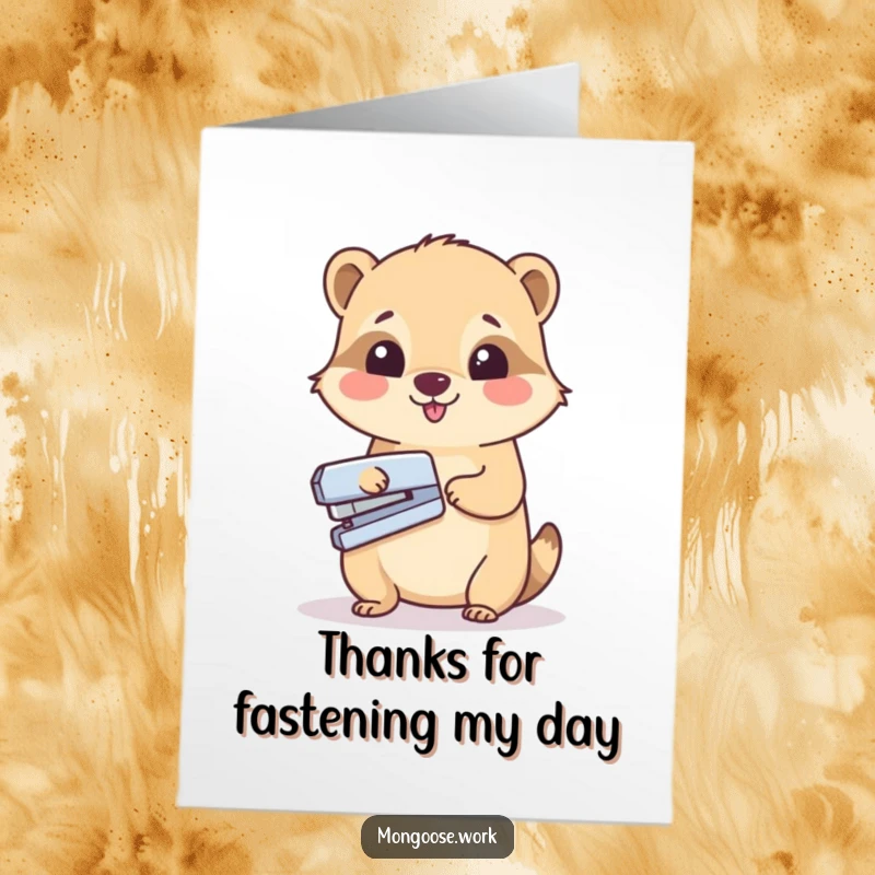 Funny Free Printable Thank You Card: A cute mongoose staples a document with a happy expression, conveying thanks.