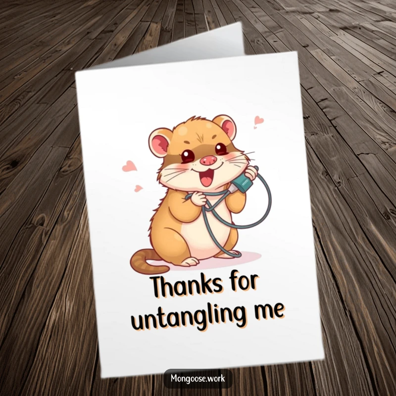 Funny Free Printable Thank You Card: Cute mongoose comically tangled in a phone cord, expressing thanks through a humorous situation.
