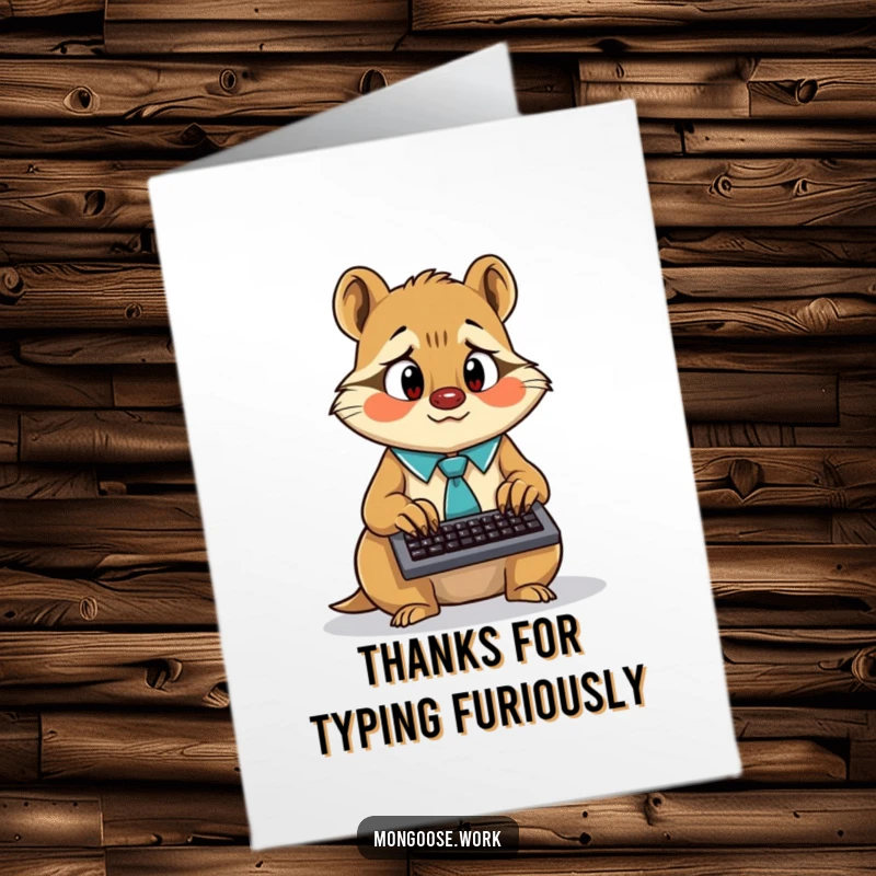 Funny Free Printable Thank You Card: Surprised mongoose in a tie typing madly on a tiny keyboard, showing thanks.