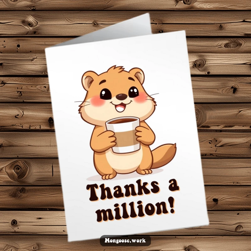 Funny Free Printable Thank You Card: Happy mongoose holding a coffee cup, gesturing excitedly to say thanks, a delightful downloadable gift.
