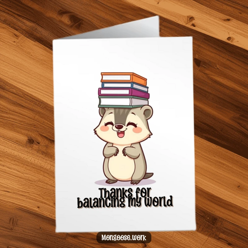 Funny Free Printable Thank You Card: Giggling Kawaii mongoose balancing files, offering thanks with a cheerful demeanor.