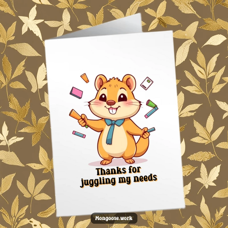 Funny Free Printable Thank You Card: Happy mongoose character skillfully juggling various office supplies.