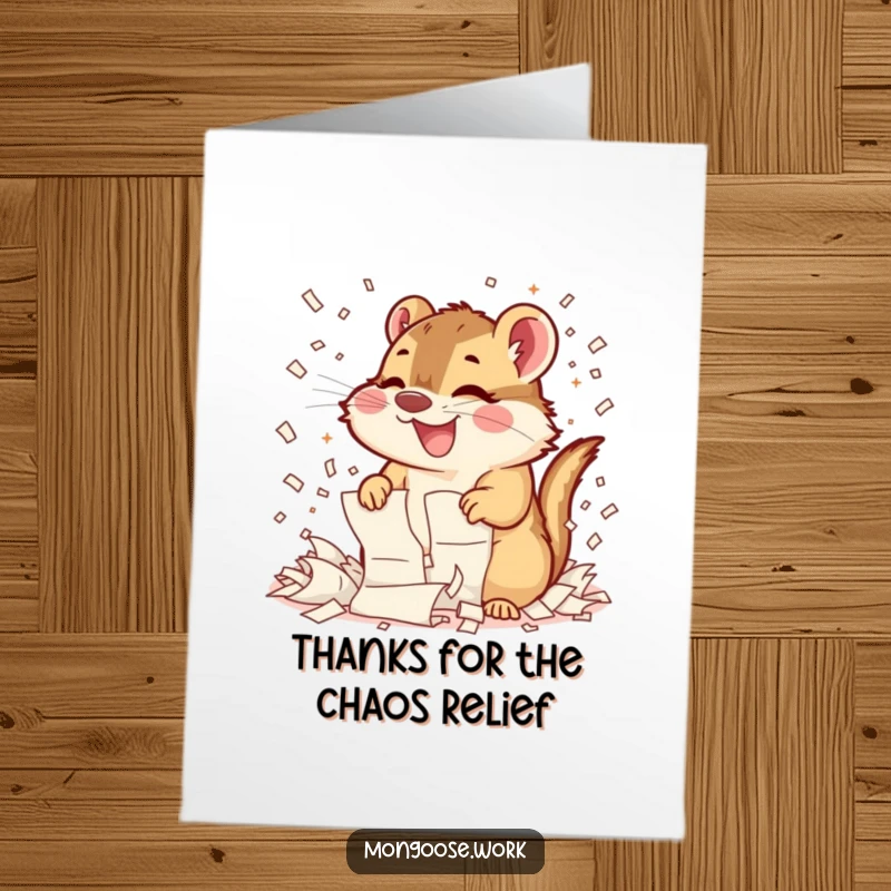 Funny free printable thank you card illustrating a joyful mongoose enthusiastically shredding documents, creating a delightful paper storm.