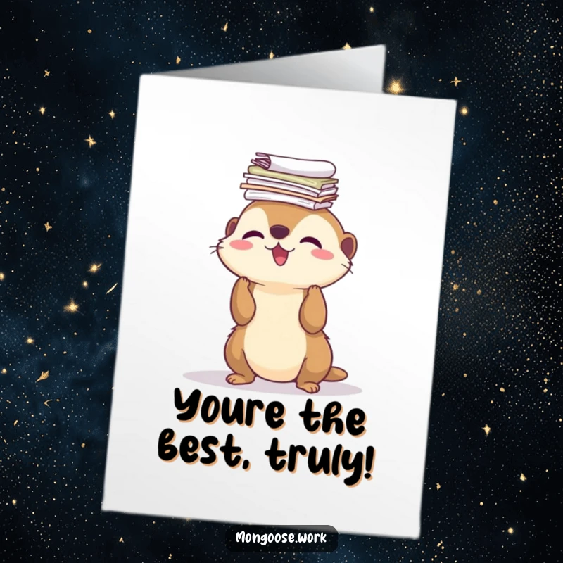 Funny Free Printable Thank You Card with a charming mongoose balancing papers, conveying thanks with humor.