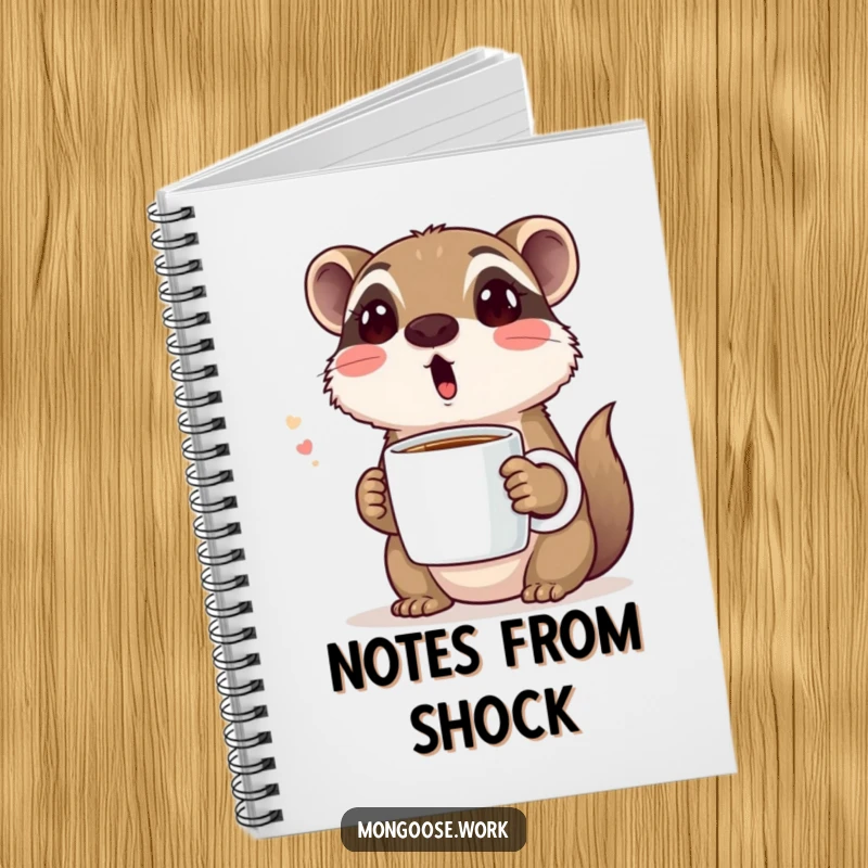 Funny notebook with a cute mongoose making a surprised face while holding a coffee mug, ideal for jotting down thoughts with a humorous coffee theme.