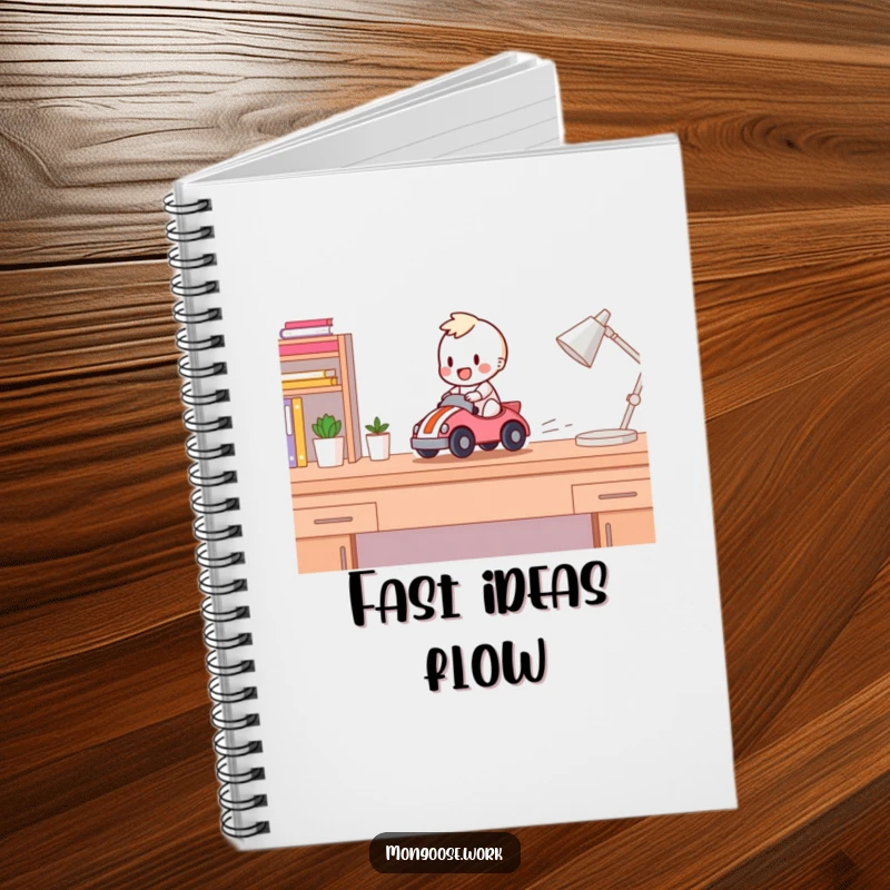 Funny Notebook: Cover shows a happy character racing a toy car across a desk, inspiring quick ideas.