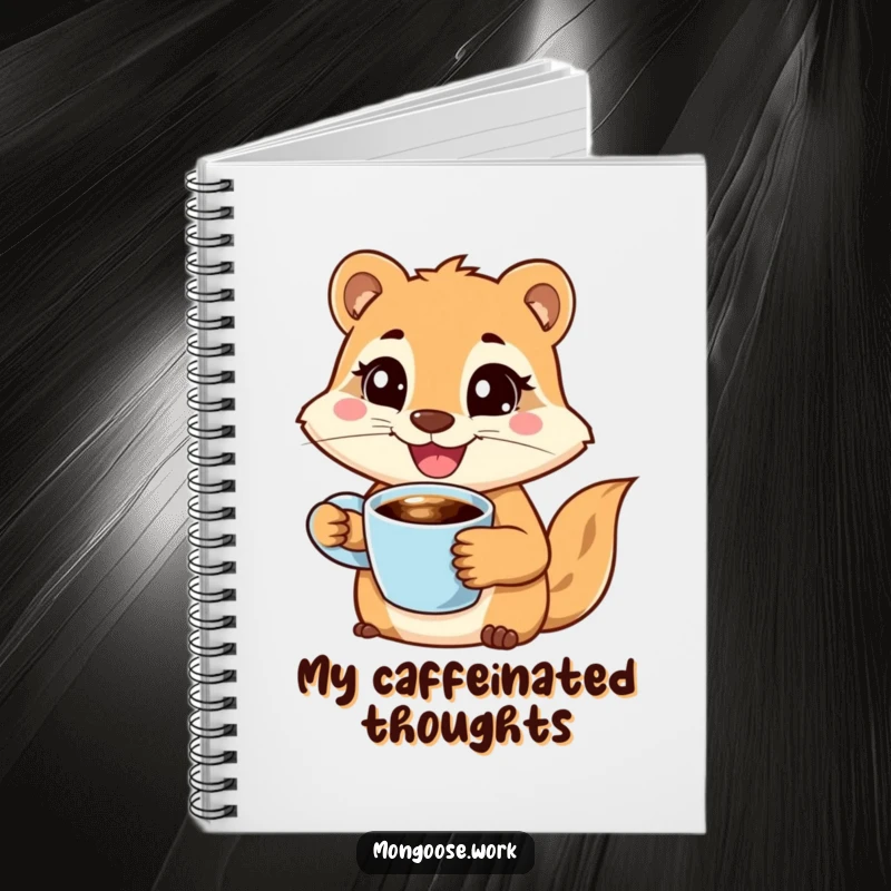 Funny notebook featuring a joyful mongoose character holding a coffee cup with a wide smile, looking determined, great for journaling morning goals.