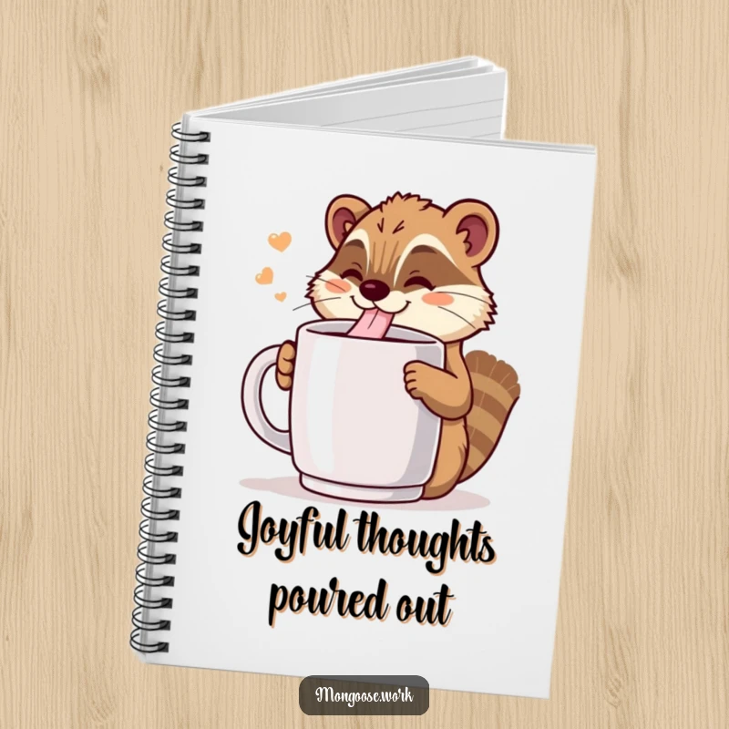 Funny Kawaii mongoose character drinking from a giant coffee mug, illustrated in a notebook, perfect for jotting down creative ideas.
