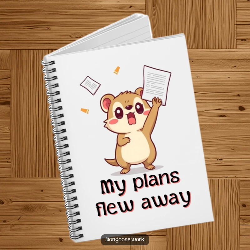 Funny Kawaii mongoose notebook cover, featuring a surprised mongoose dodging a flying document, ideal for quick note-taking.