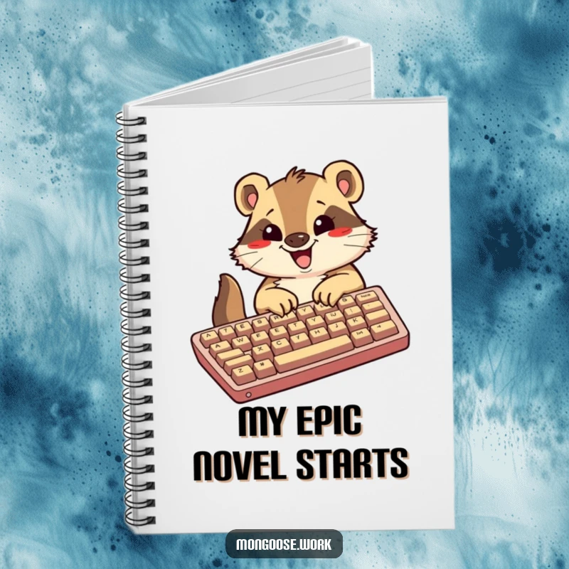 Funny Kawaii mongoose notebook cover, featuring an excited mongoose typing on a large keyboard, ideal for capturing quick ideas.