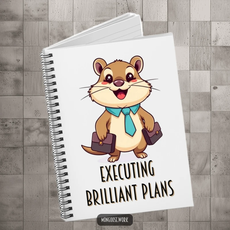 Funny mongoose wearing a tie and holding a briefcase on the cover of a notebook.