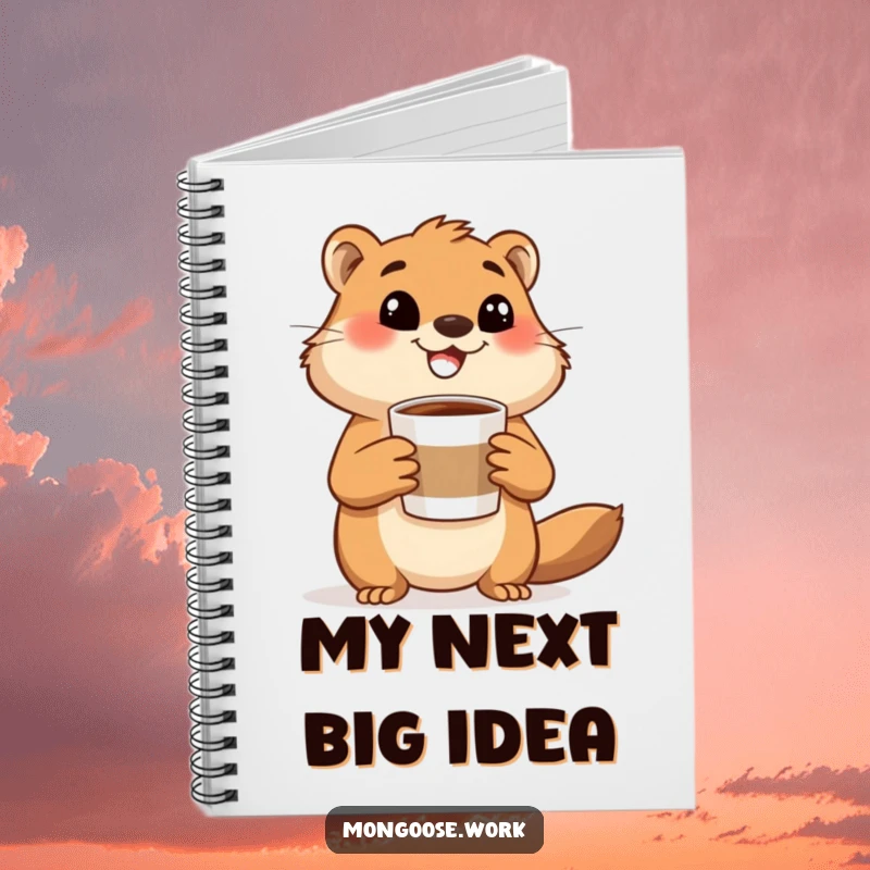 Funny mongoose coffee notebook, a happy mongoose holding a coffee cup and gesturing excitedly, ideal for jotting down energetic thoughts.