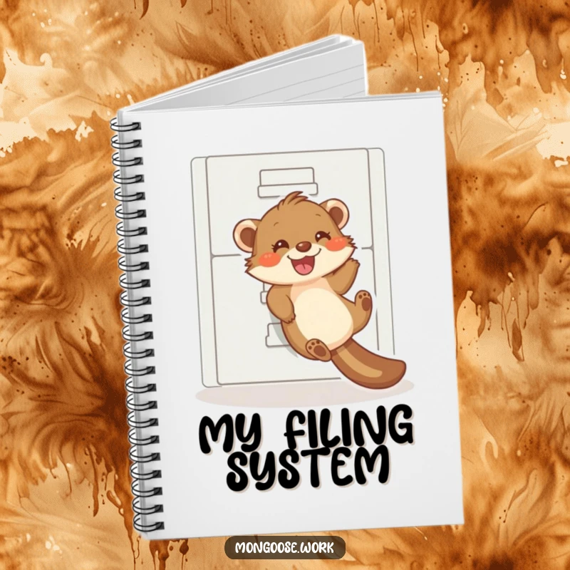 Funny mongoose notebook, a playful mongoose sliding down a filing cabinet, office humor, note-taking fun.