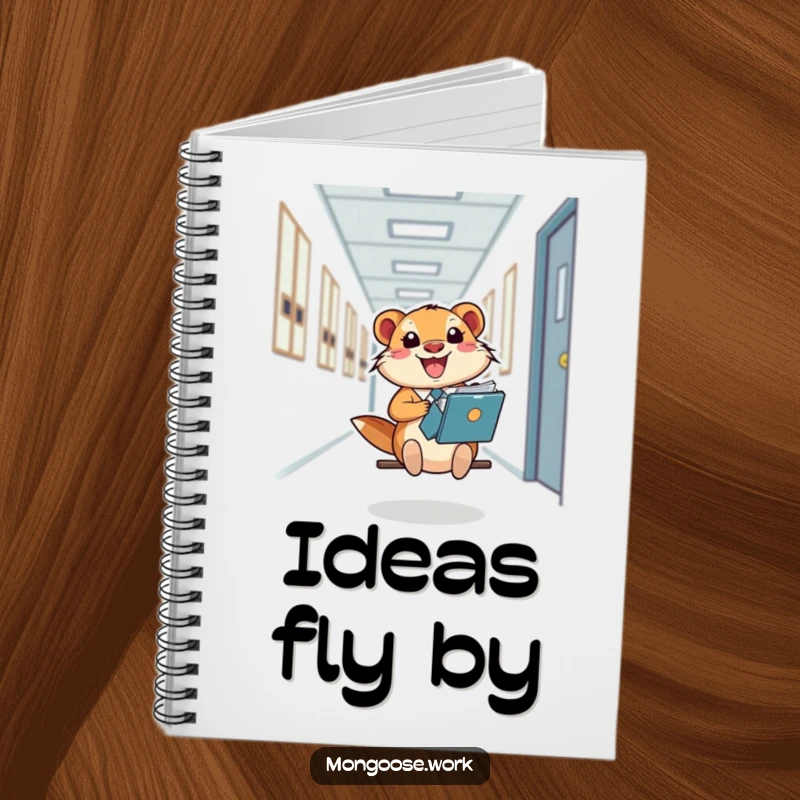 Funny Mongoose Notebook, a happy office worker sliding down a hallway on a file folder, encouraging fun note-taking.