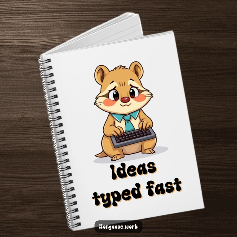 Funny surprised mongoose wearing a tie, frantically typing on a tiny keyboard, on the cover of a notebook.