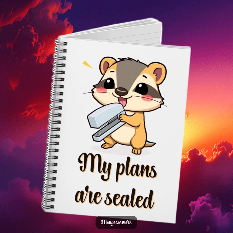 Funny mongoose dramatically closing a stapler on a notebook cover, inspiring bold ideas and dramatic planning.