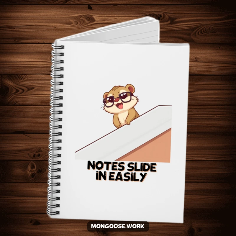 Funny mongoose wearing glasses slides down a desk banister with glee, on a lined notebook for joyful notes.