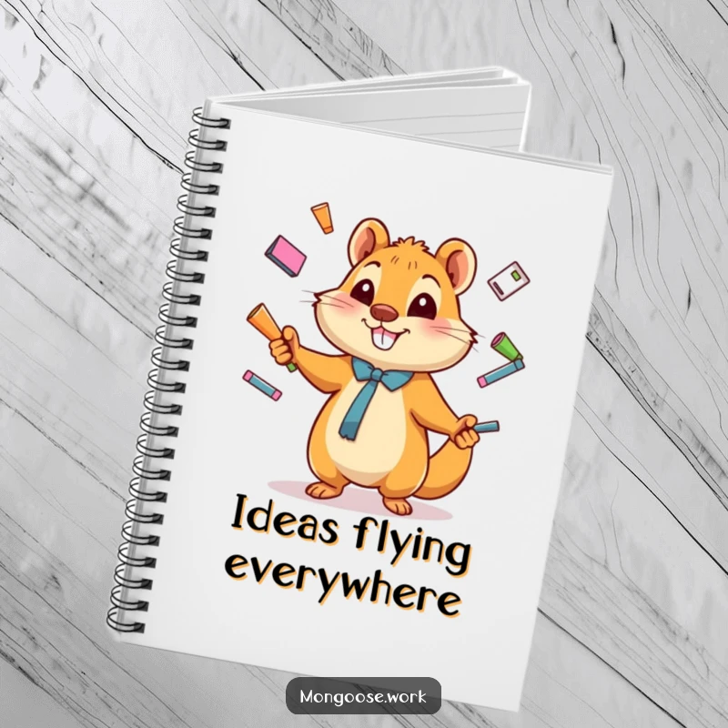 Funny Notebook cover shows a happy cartoon mongoose juggling office supplies, perfect for organized and productive note-taking.