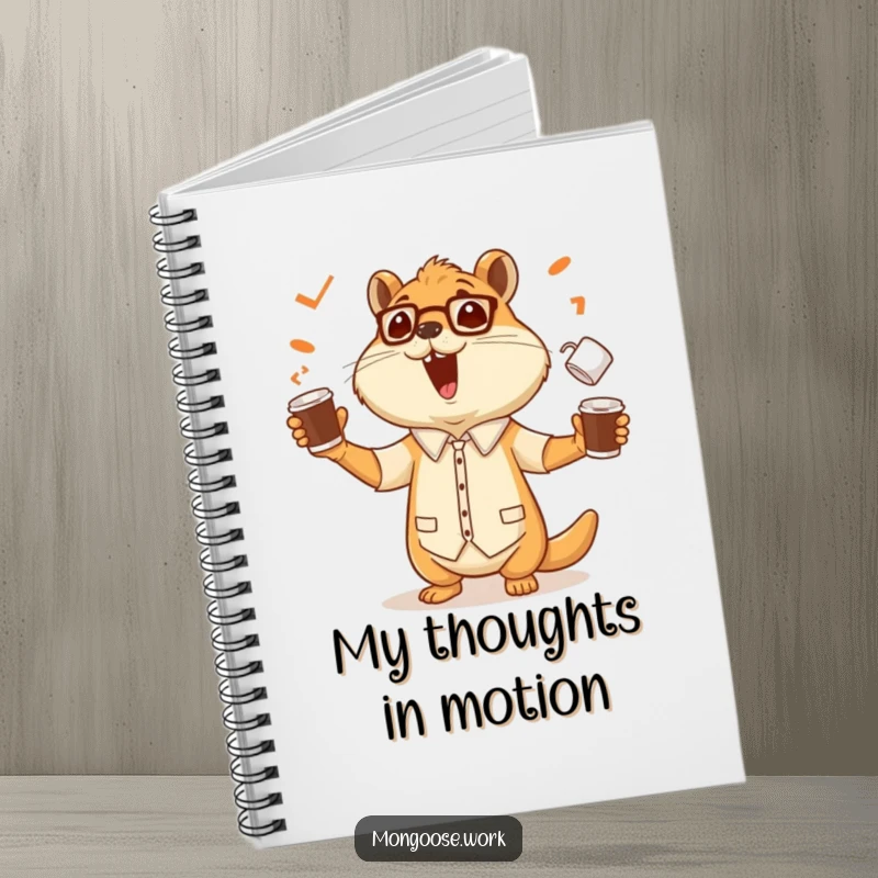 Funny notebook cover featuring a cheerful mongoose office worker skillfully juggling coffee cups, inspiring balanced thoughts and ideas.
