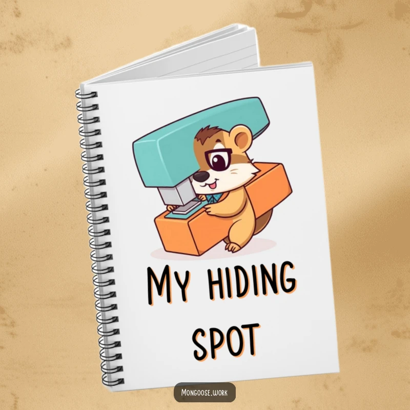 Funny notebook cover featuring a playful mongoose office worker peeking from behind a giant stapler, ready to record secret plans.