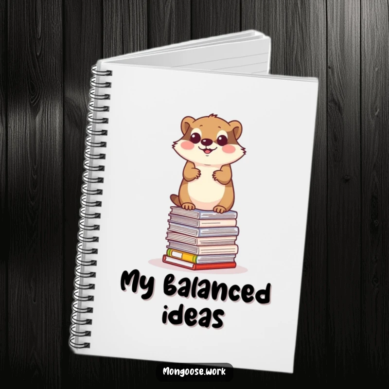 Funny mongoose notebook, a determined mongoose balancing on a stack of office papers, office ambition, note-taking.