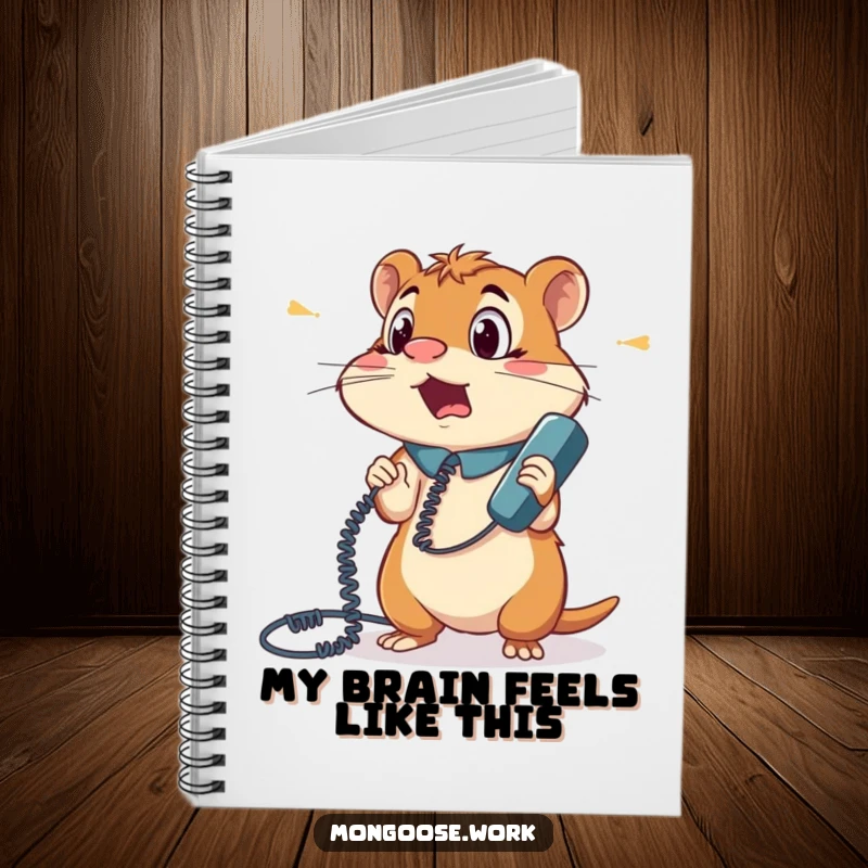 Funny notebook cover featuring a surprised mongoose office worker completely tangled in a phone cord, looking bewildered but ready to write.