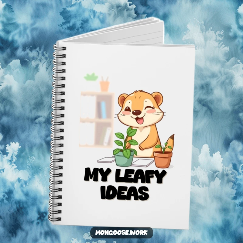 Funny Mongoose Plant Notebook: A notebook cover featuring a cute mongoose happily placing a small plant on a desk, finishing with a wink.