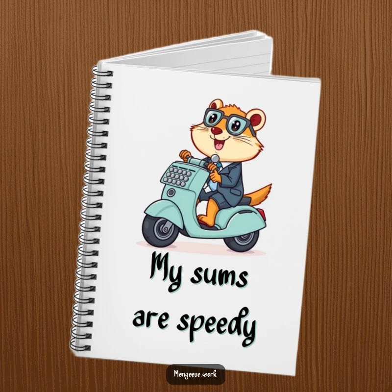 Funny Mongoose Notebook, a mischievous office worker riding an adding machine as a scooter, encouraging fun note-taking.