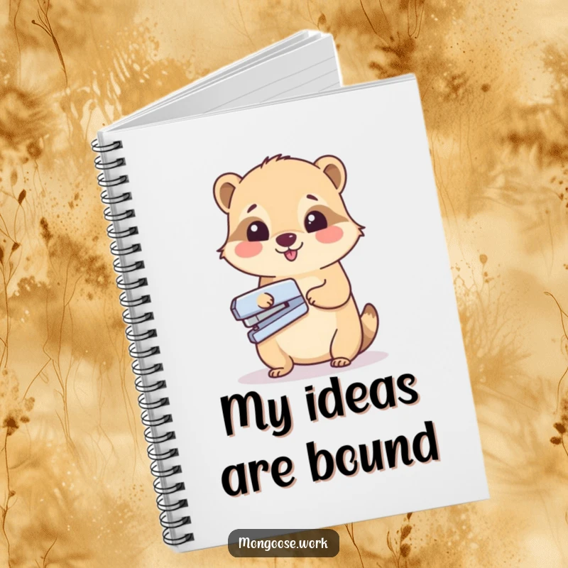 Funny notebook cover featuring a cute mongoose happily stapling a sheet of paper, ideal for office note-taking.