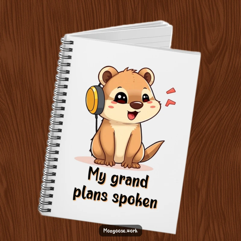 Funny notebook cover featuring a cute mongoose happily talking animatedly with a large headset, ideal for note-taking.