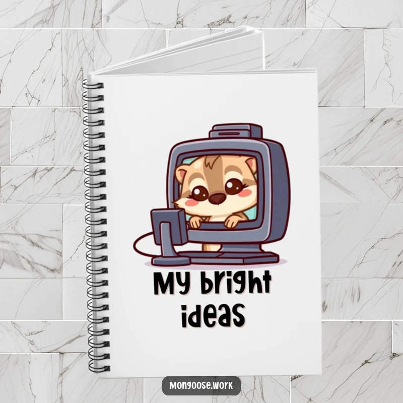 Funny Mongoose tech notebook cover with a curious mongoose with wide eyes looking at a computer screen, ideal for notes.