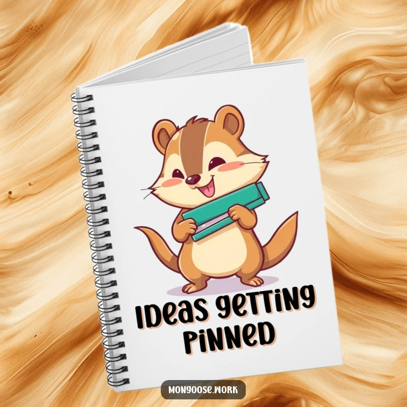 Funny Office Notebook: A cheerful mongoose character using a stapler with great force, for organized notes.