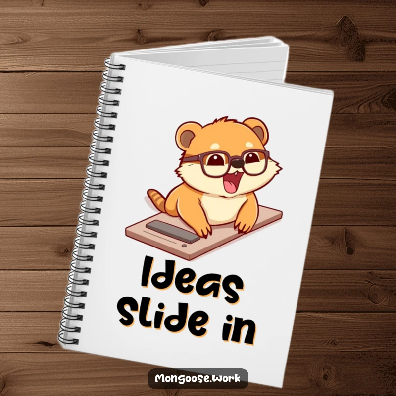 Funny notebook with a cute mongoose wearing glasses sliding down a desk with excitement, great for jotting down exciting ideas.