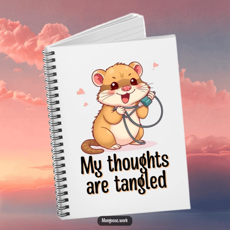 Funny notebook with a cute mongoose comically tangled in a phone cord, ideal for jotting down notes with a humorous tech theme.